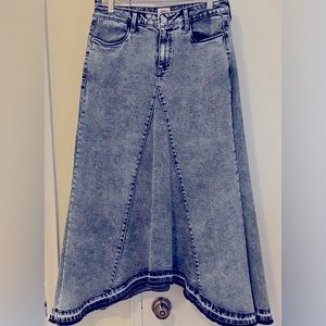 Wash Lab new midi skirt, blue distressed denim